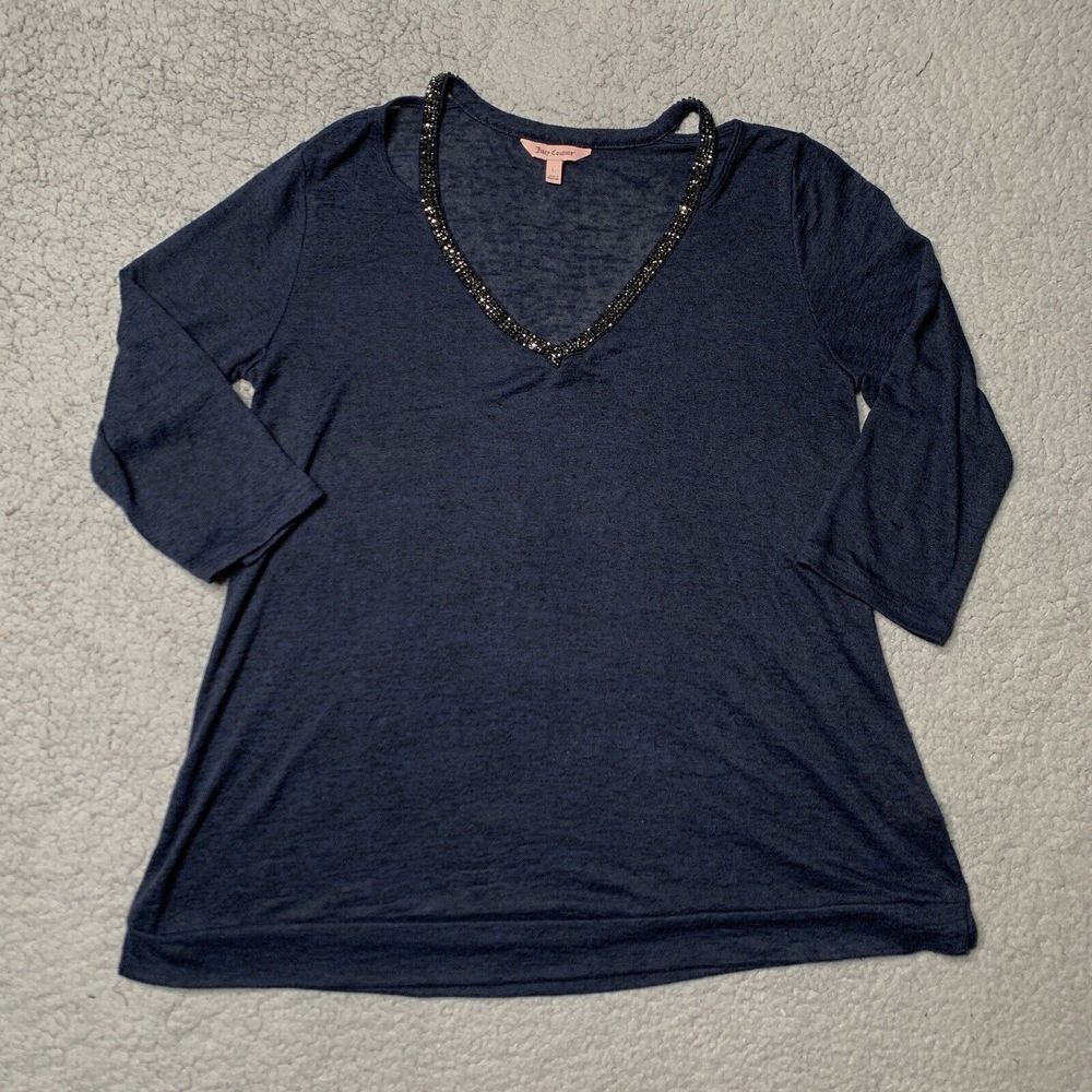 Juicy Couture Shirt Large 3/4 Sleeve V Neck Bling‎ Studded Y2K Strappy